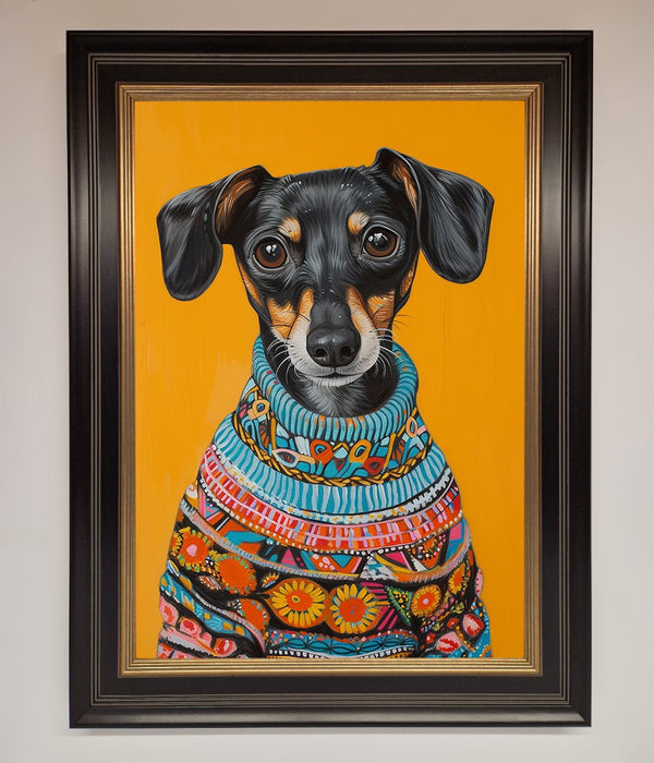 Sausage Dog In A Sweater Framed Print - Hi Society