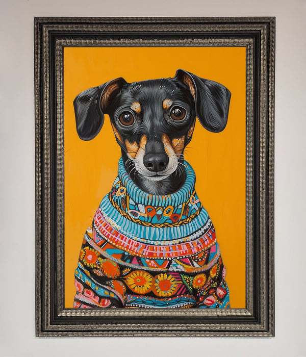 Sausage Dog In A Sweater Framed Print - Hi Society