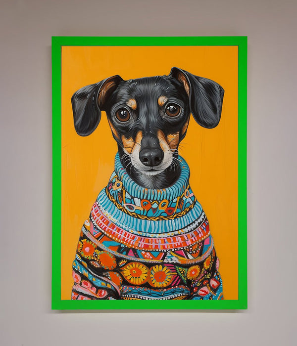 Sausage Dog In A Sweater Framed Print - Hi Society
