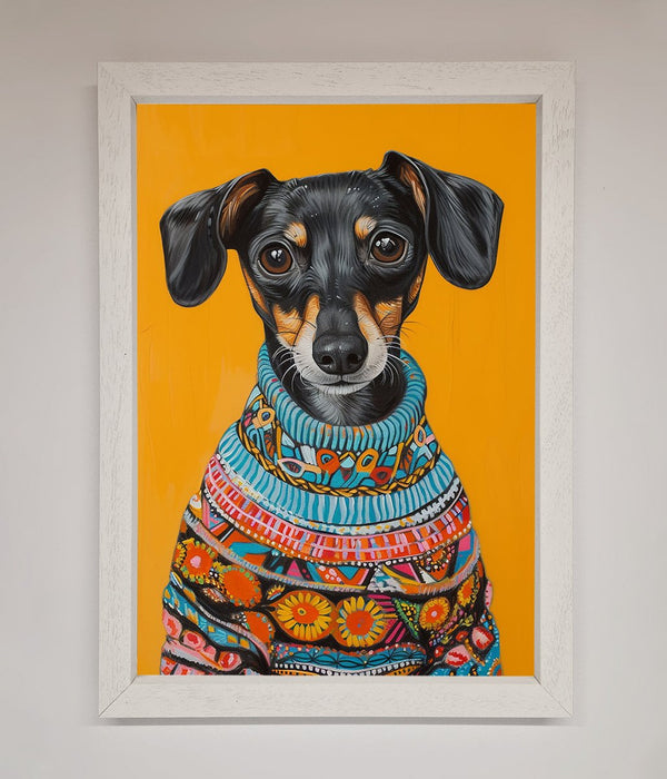 Sausage Dog In A Sweater Framed Print - Hi Society