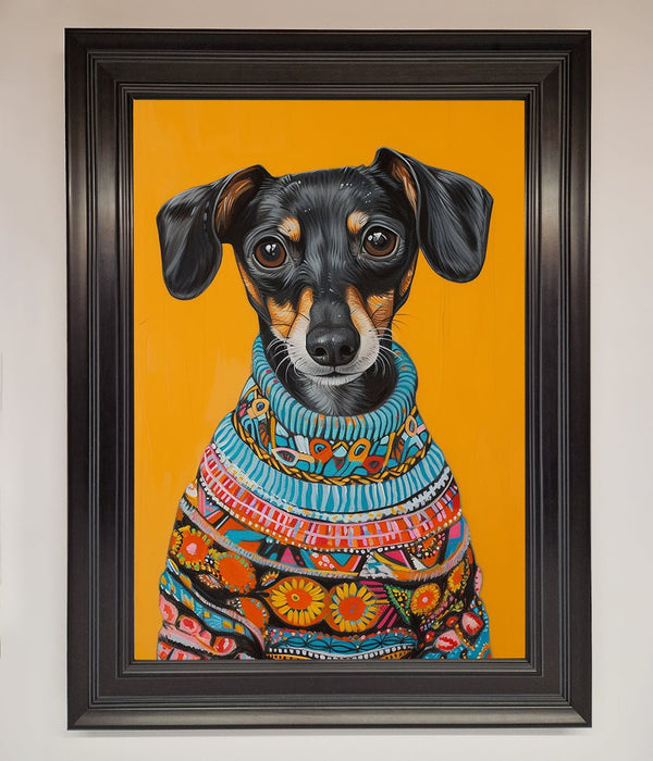 Sausage Dog In A Sweater Framed Print - Hi Society